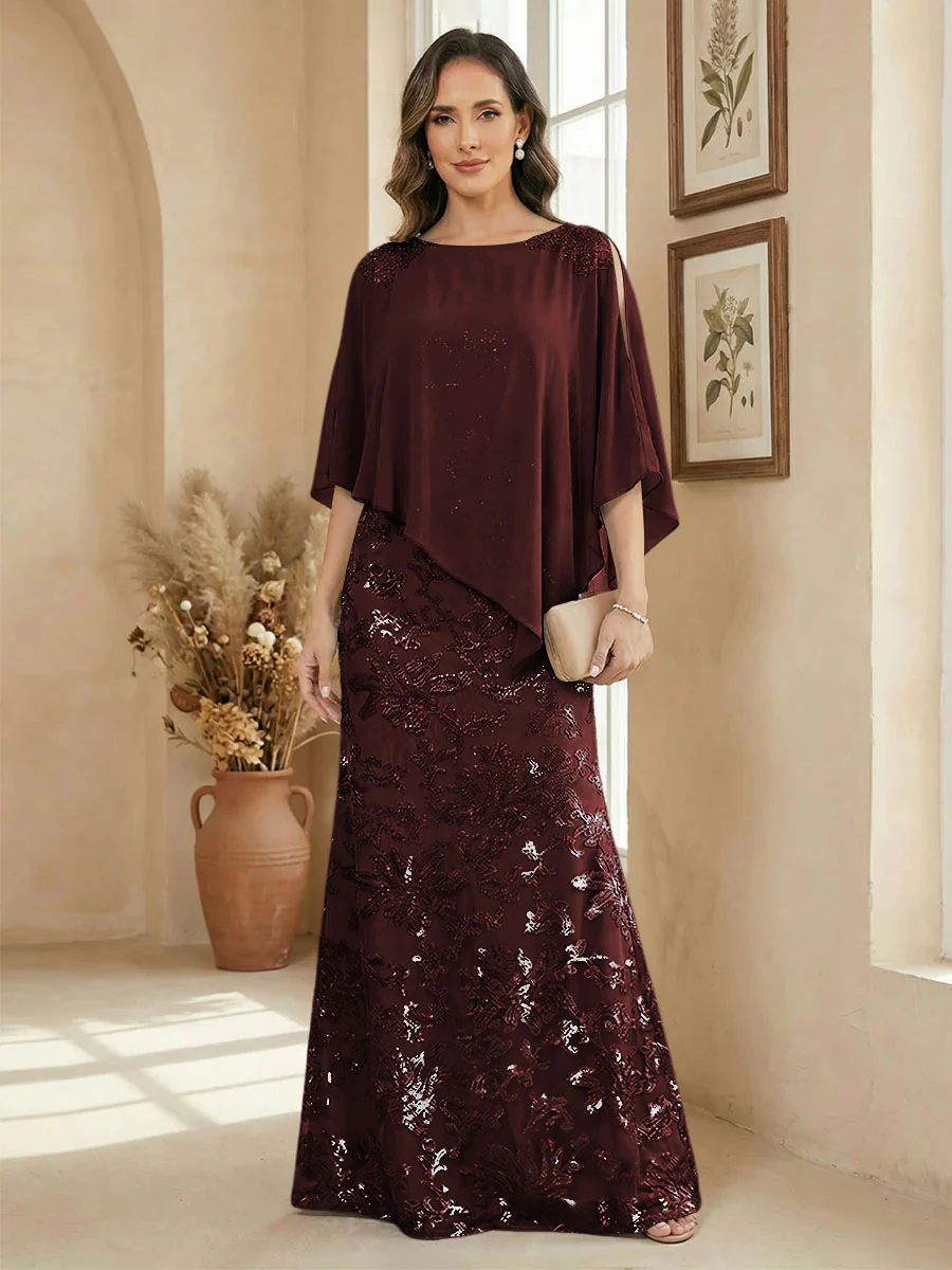 A Line Scoop Floor Length Elegant Mother of the Bride Dresses with Sequin Embroidery