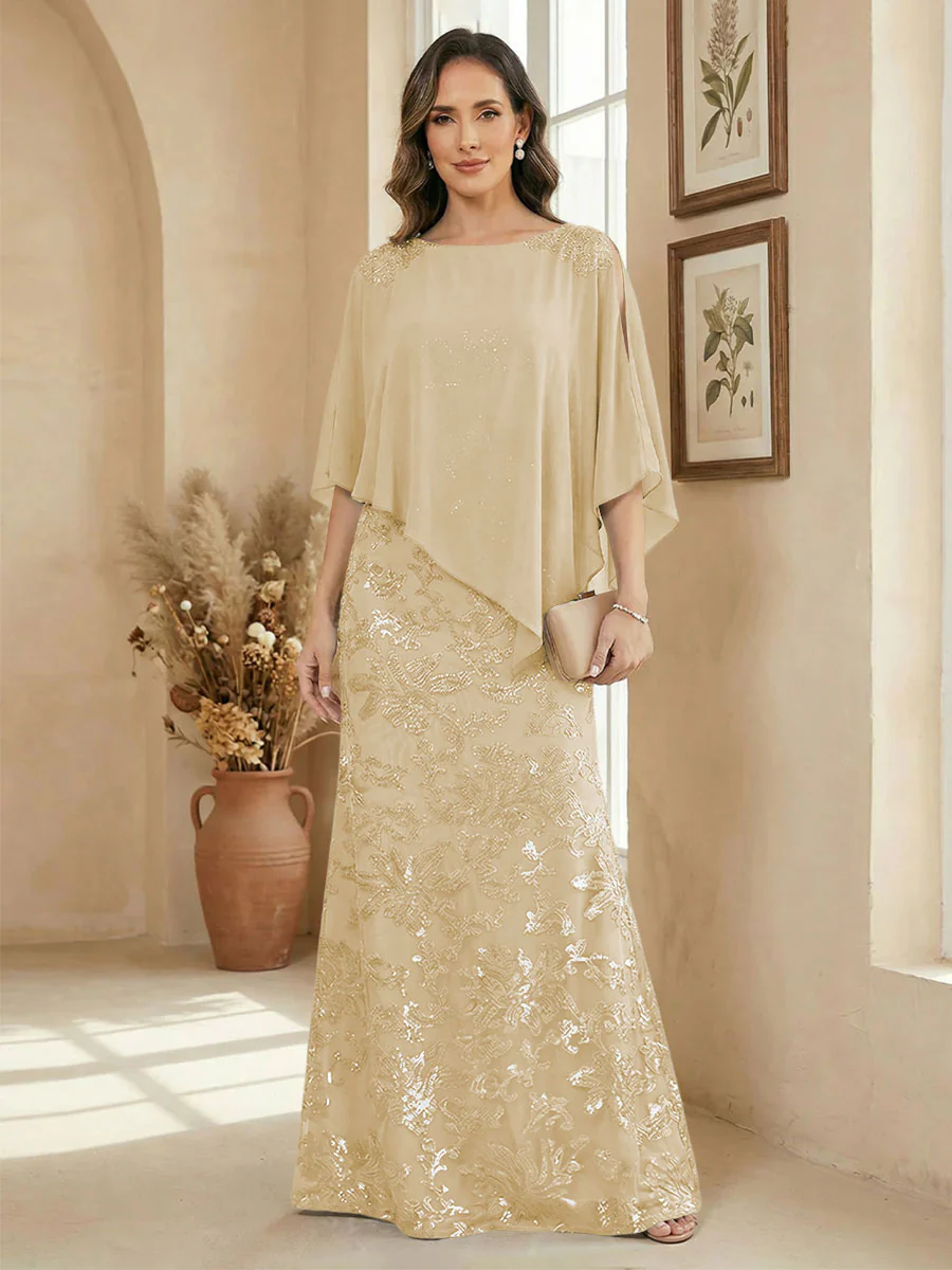 A Line Scoop Floor Length Elegant Mother of the Bride Dresses with Sequin Embroidery