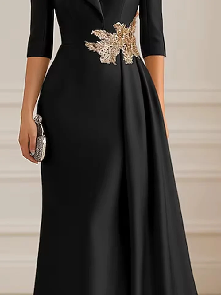 A-Line Satin V-Neck 3/4 Sleeve Mother of the Bride Dresses Floor-Length Ball Gown with Applique
