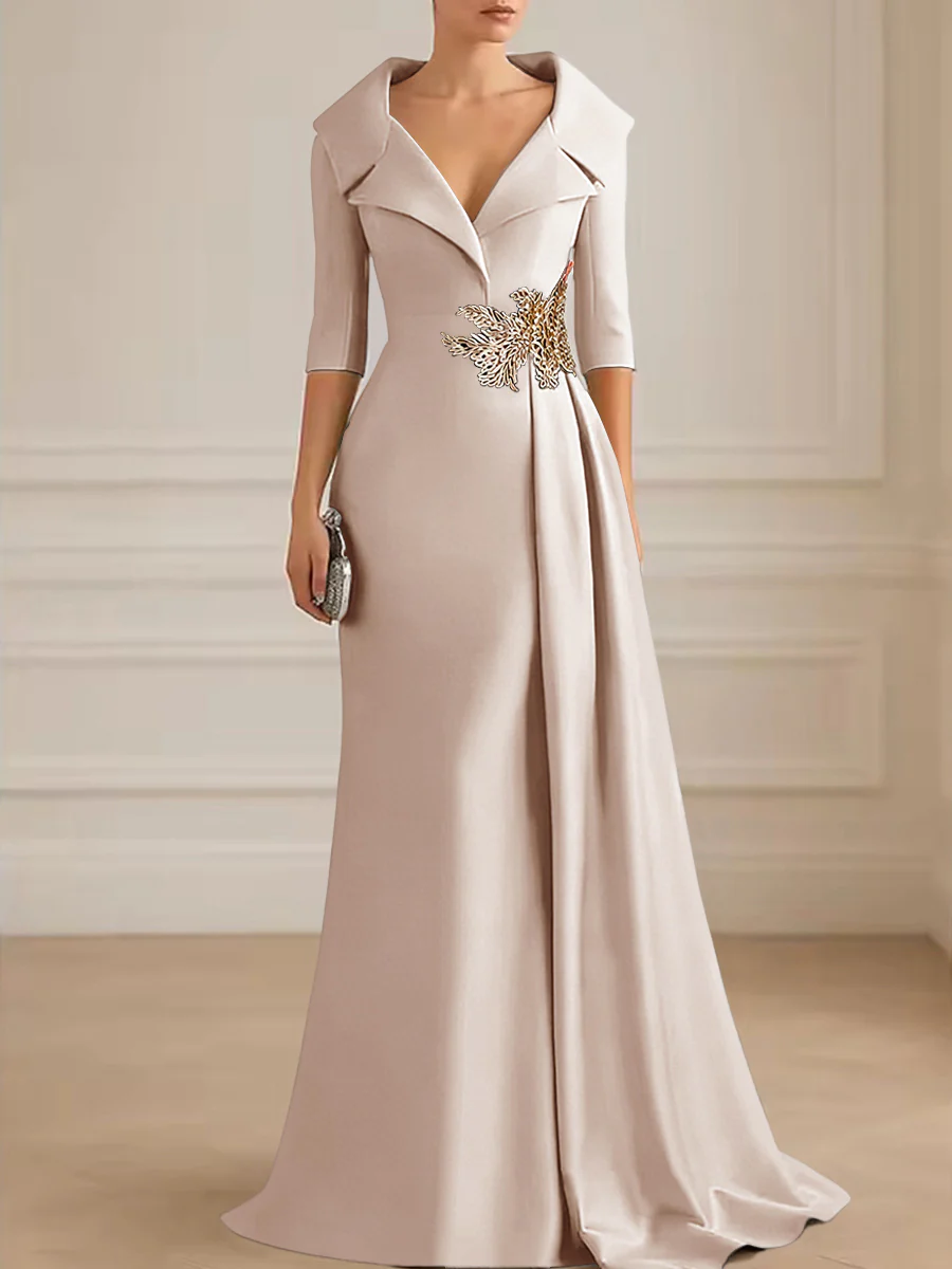 A-Line Satin V-Neck 3/4 Sleeve Mother of the Bride Dresses Floor-Length Ball Gown with Applique
