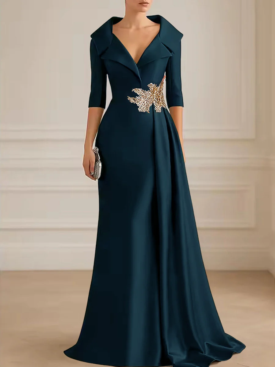 A-Line Satin V-Neck 3/4 Sleeve Mother of the Bride Dresses Floor-Length Ball Gown with Applique