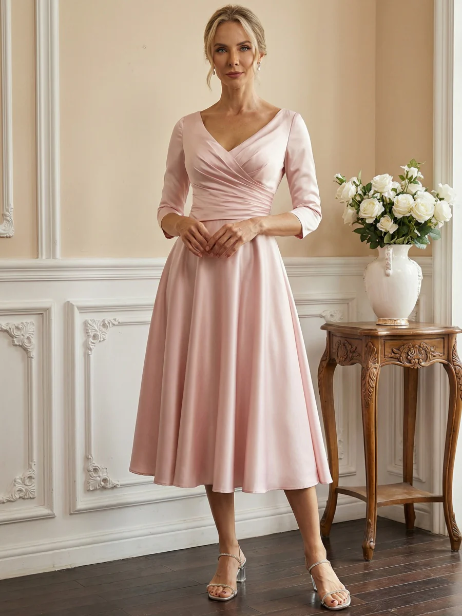 Ruched V-Neck A-Line Midi Mother of the Bride Dresses with Satin Wedding Guest Gown