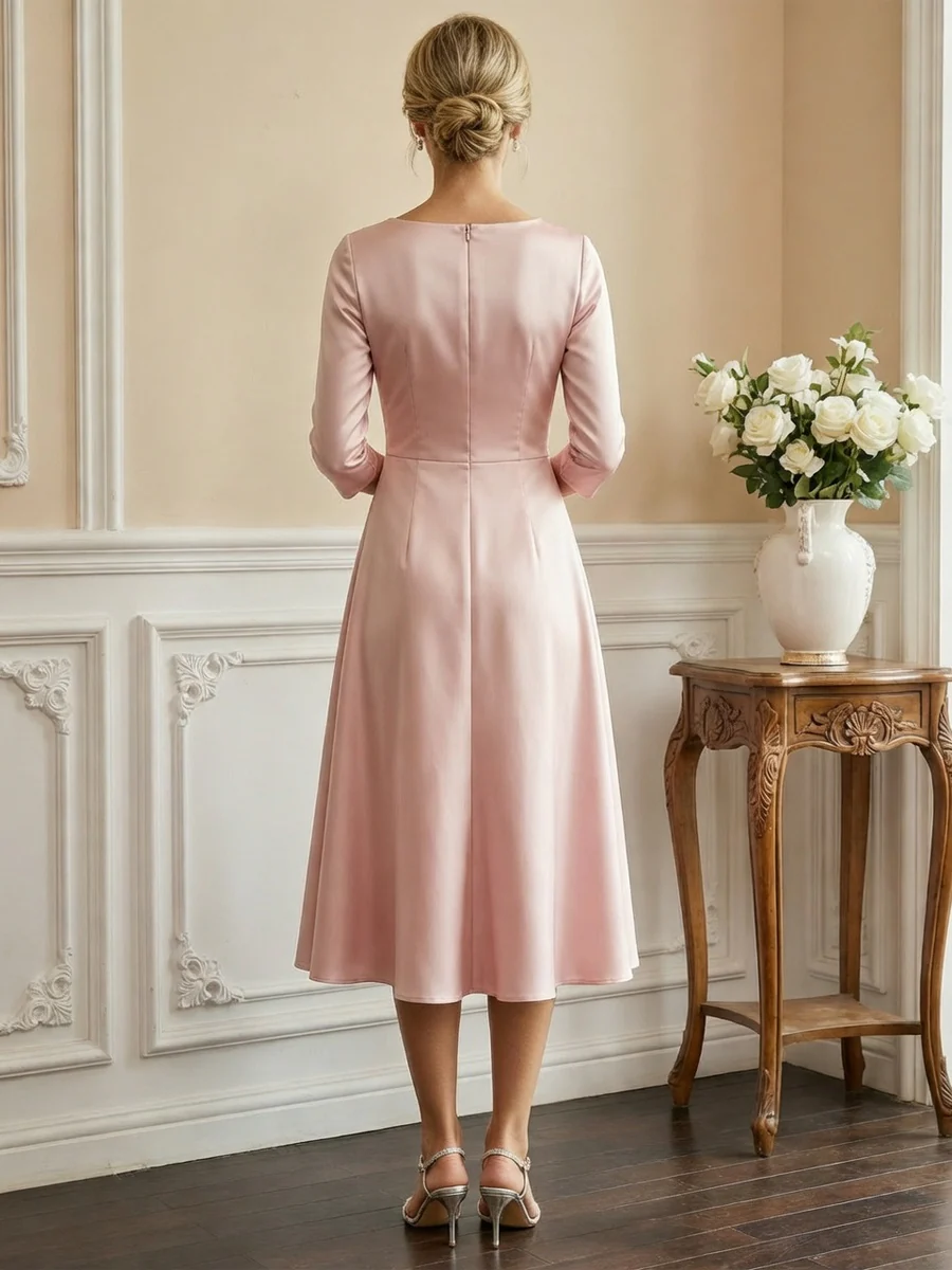 Ruched V-Neck A-Line Midi Mother of the Bride Dresses with Satin Wedding Guest Gown