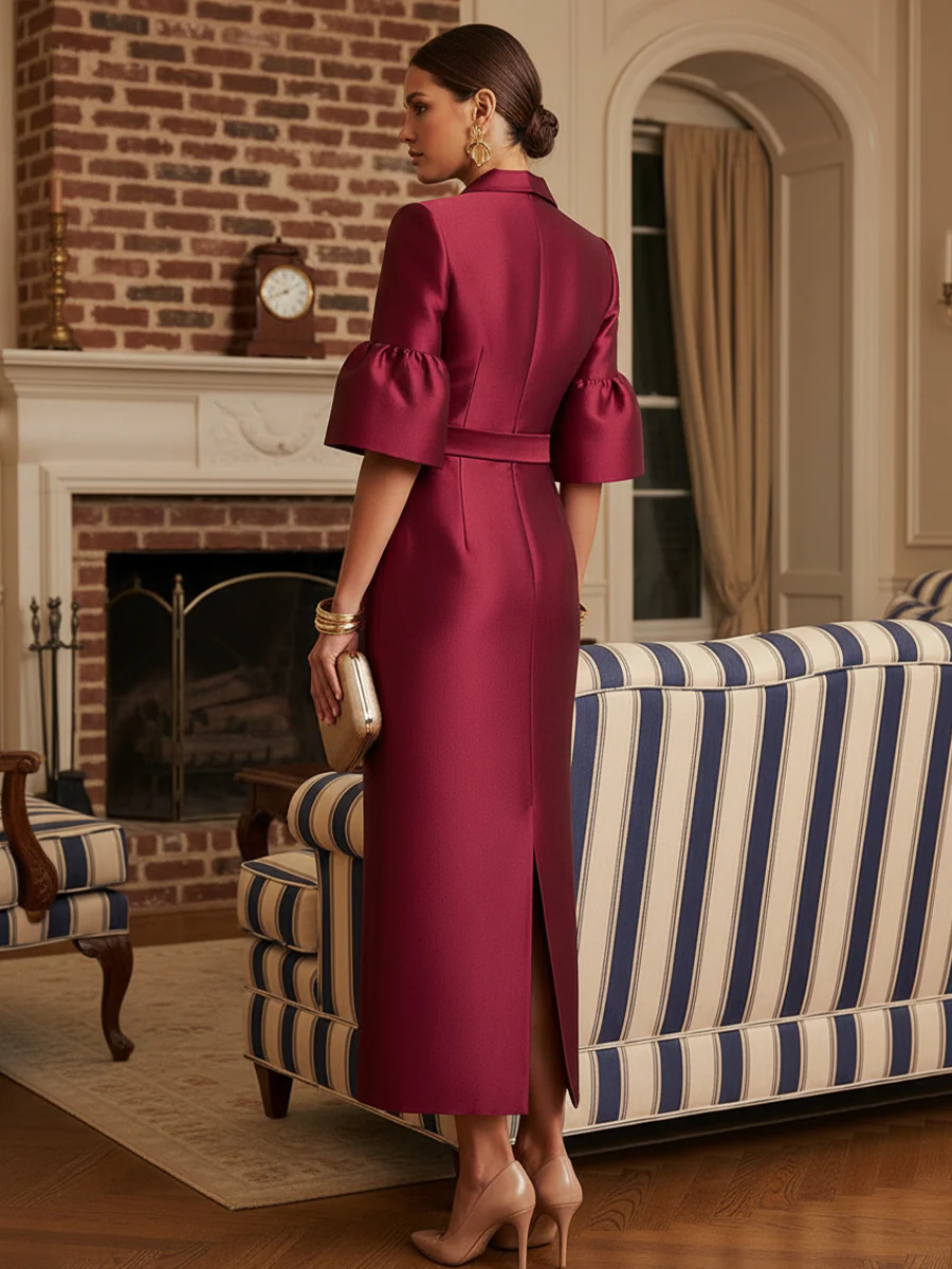 Sheath Satin Tea-Length Mother of the Bride & Groom Dresses with 3/4 Bell Sleeves & Crystal Embellished Belt