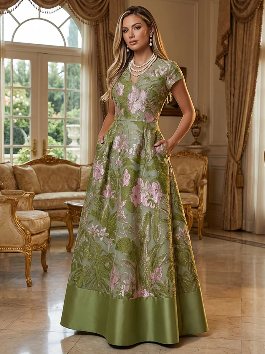 V-Neck Metallic Floral Jacquard Maxi Evening Dress With Pockets