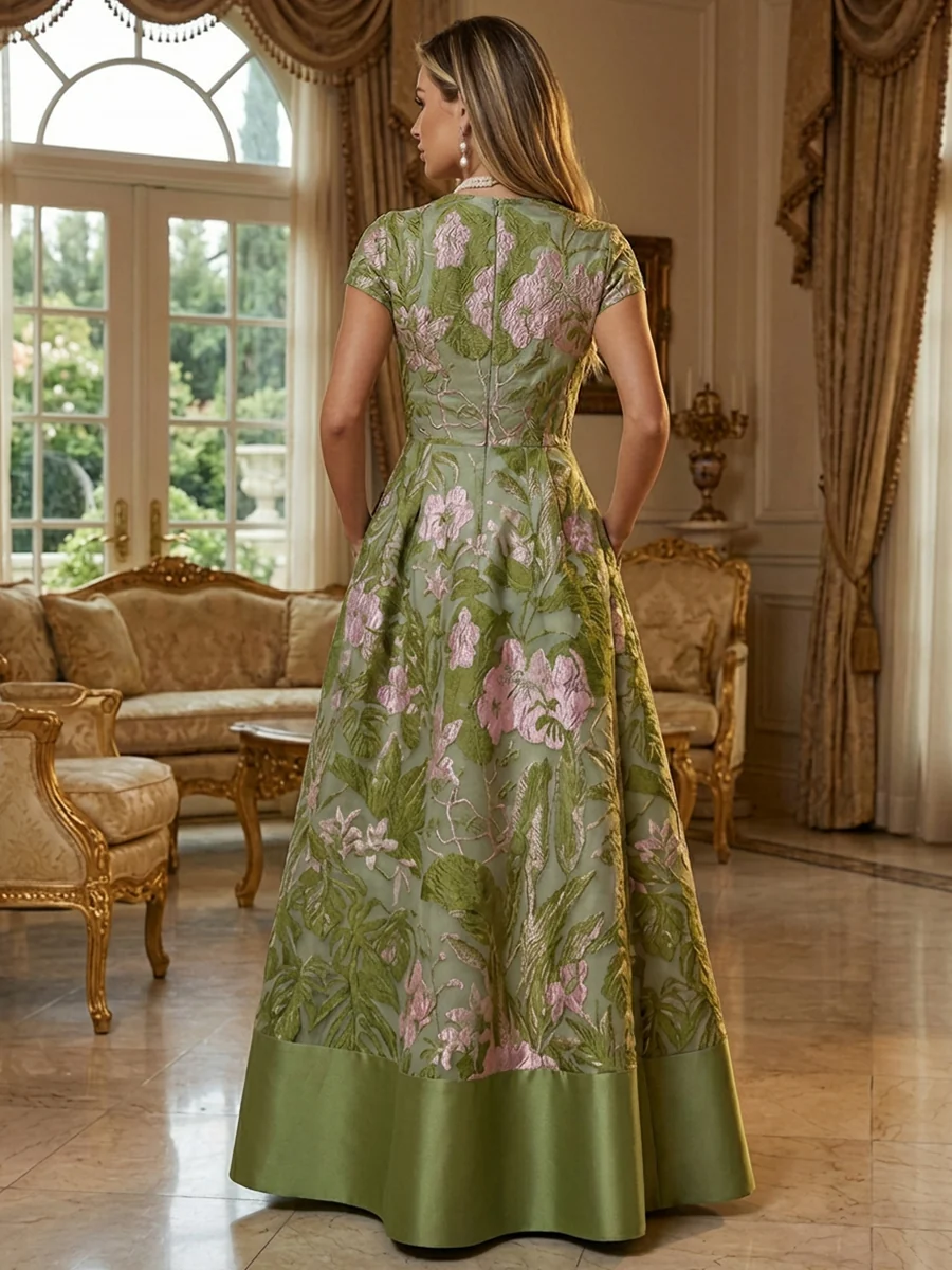 V-Neck Metallic Floral Jacquard Maxi Evening Dress With Pockets