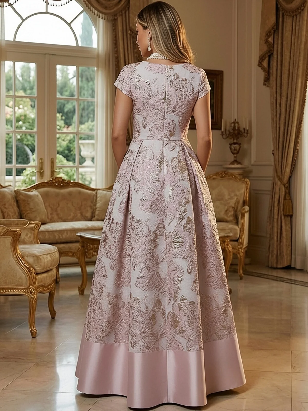 V-Neck Metallic Floral Jacquard Maxi Evening Dress With Pockets