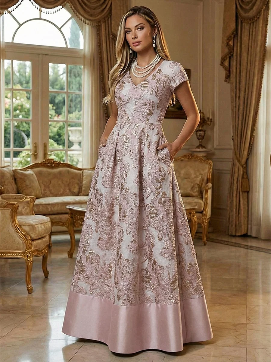 V-Neck Metallic Floral Jacquard Maxi Evening Dress With Pockets