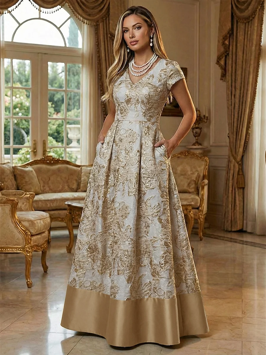 V-Neck Metallic Floral Jacquard Maxi Evening Dress With Pockets