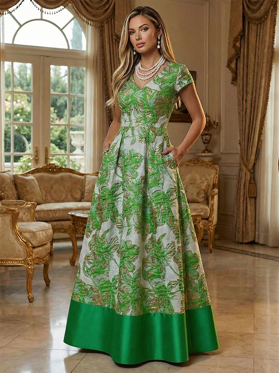 V-Neck Metallic Floral Jacquard Maxi Evening Dress With Pockets