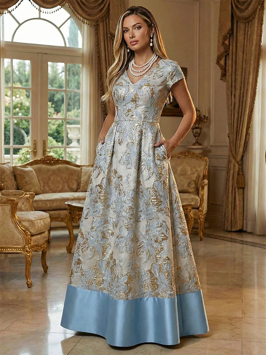 V-Neck Metallic Floral Jacquard Maxi Evening Dress With Pockets
