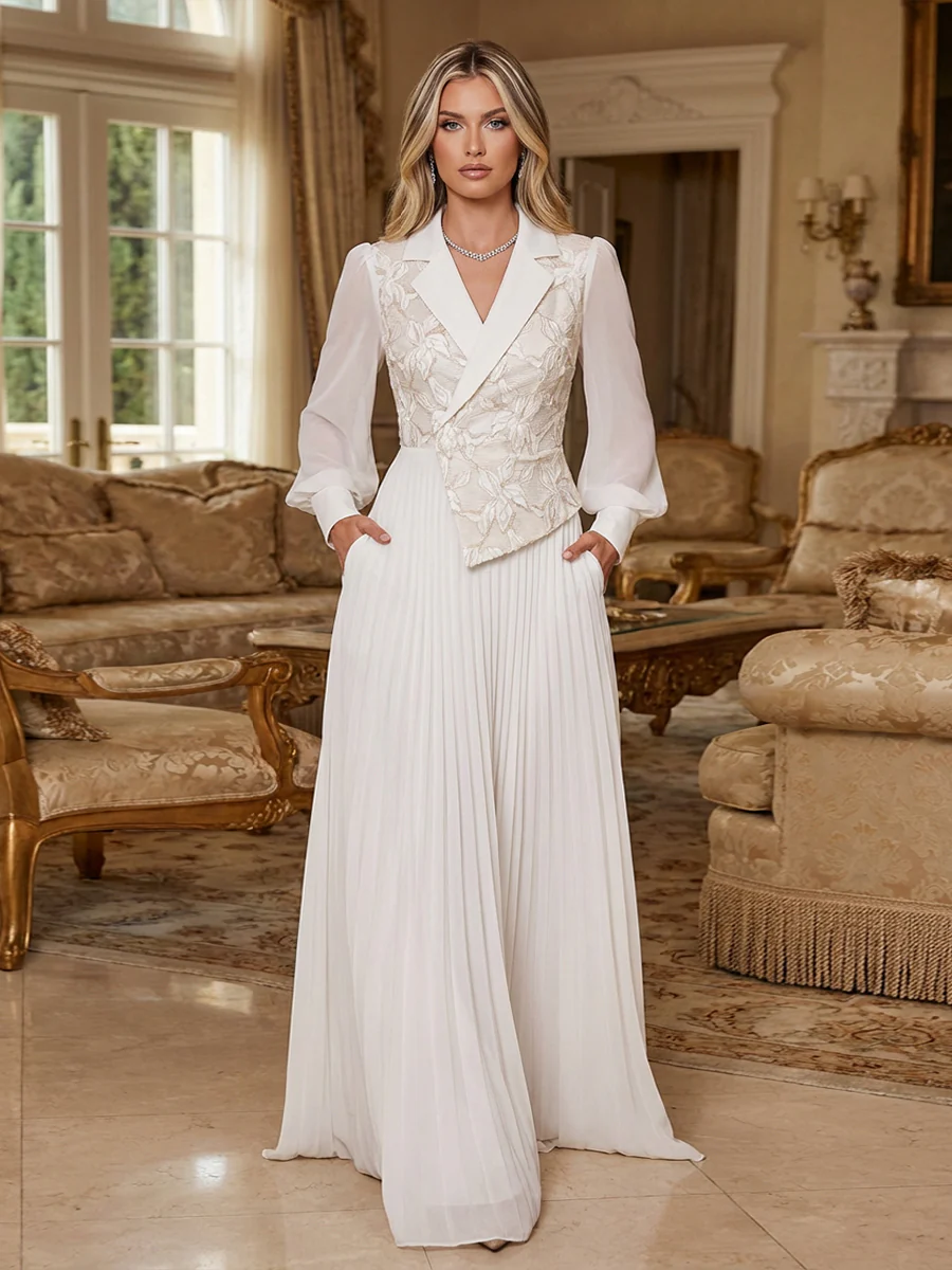 Pleated Chiffon Long Lantern Sleeves Mother of the Bride & Groom Jumpsuit with Floral Sequin Beaded Embroidery