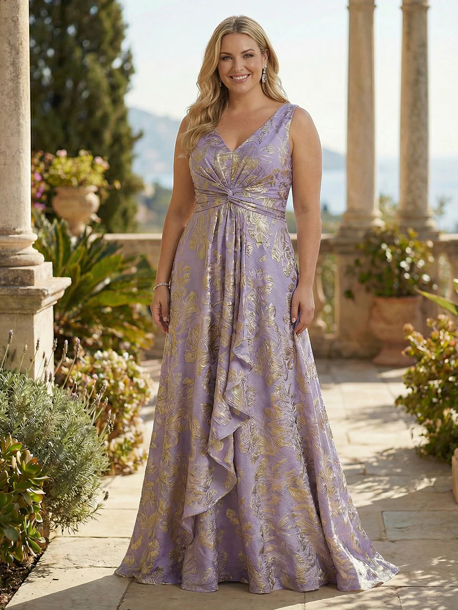 Sleeveless V-Neck Ruched Jacquard Satin Mother of the Bride Dresses