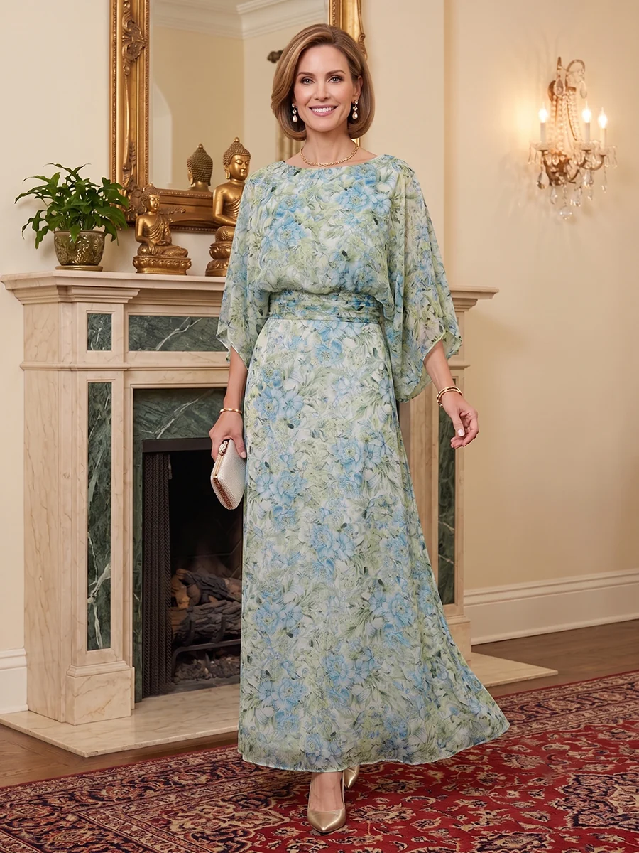 Ethereal Floral Print Chiffon Maxi Dress with Draped Sleeves