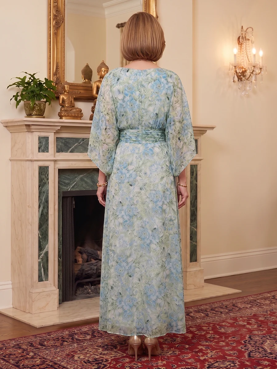 Ethereal Floral Print Chiffon Maxi Dress with Draped Sleeves
