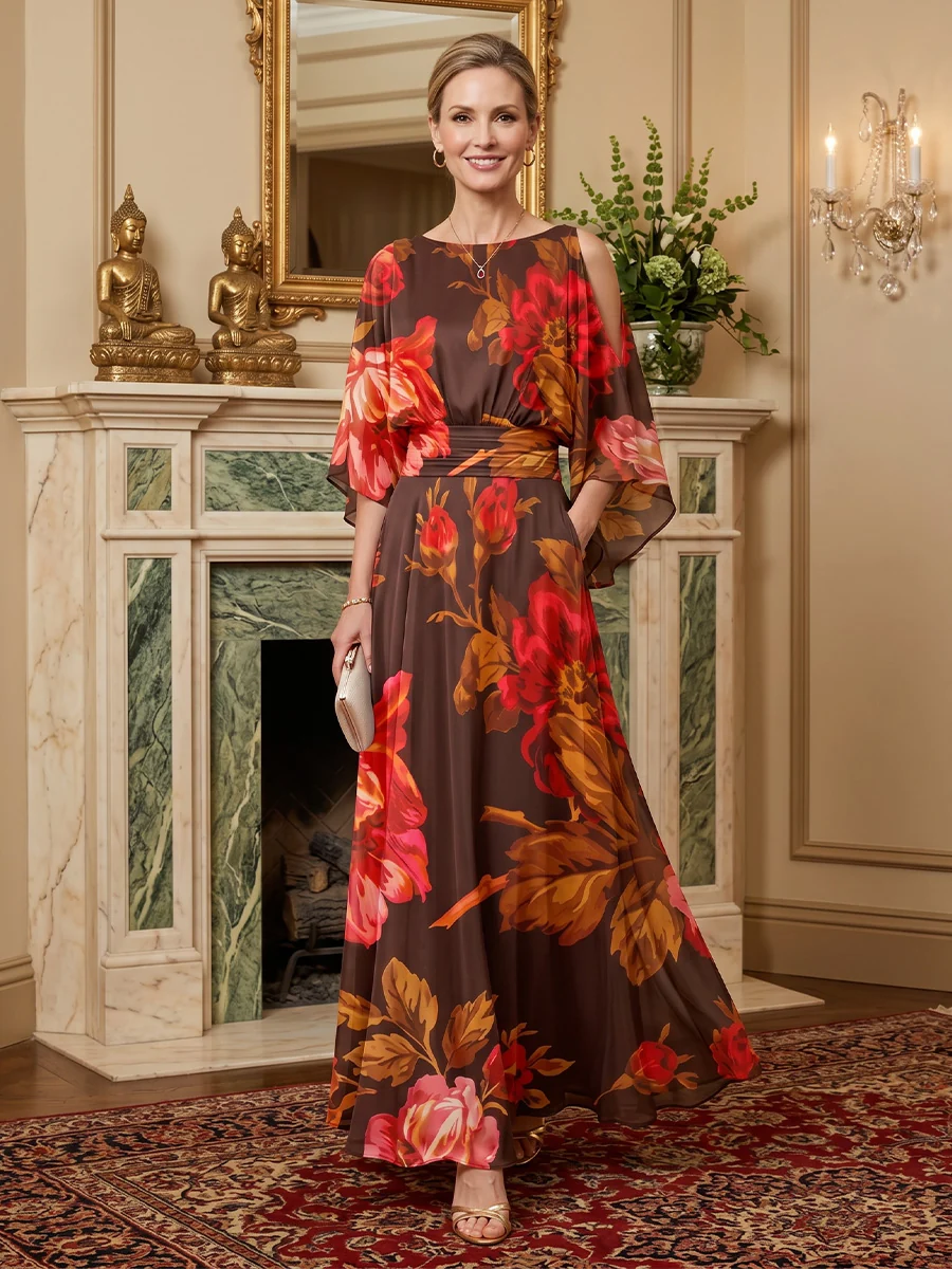 Ethereal Cold-Shoulder Floral Print Chiffon Maxi Dress