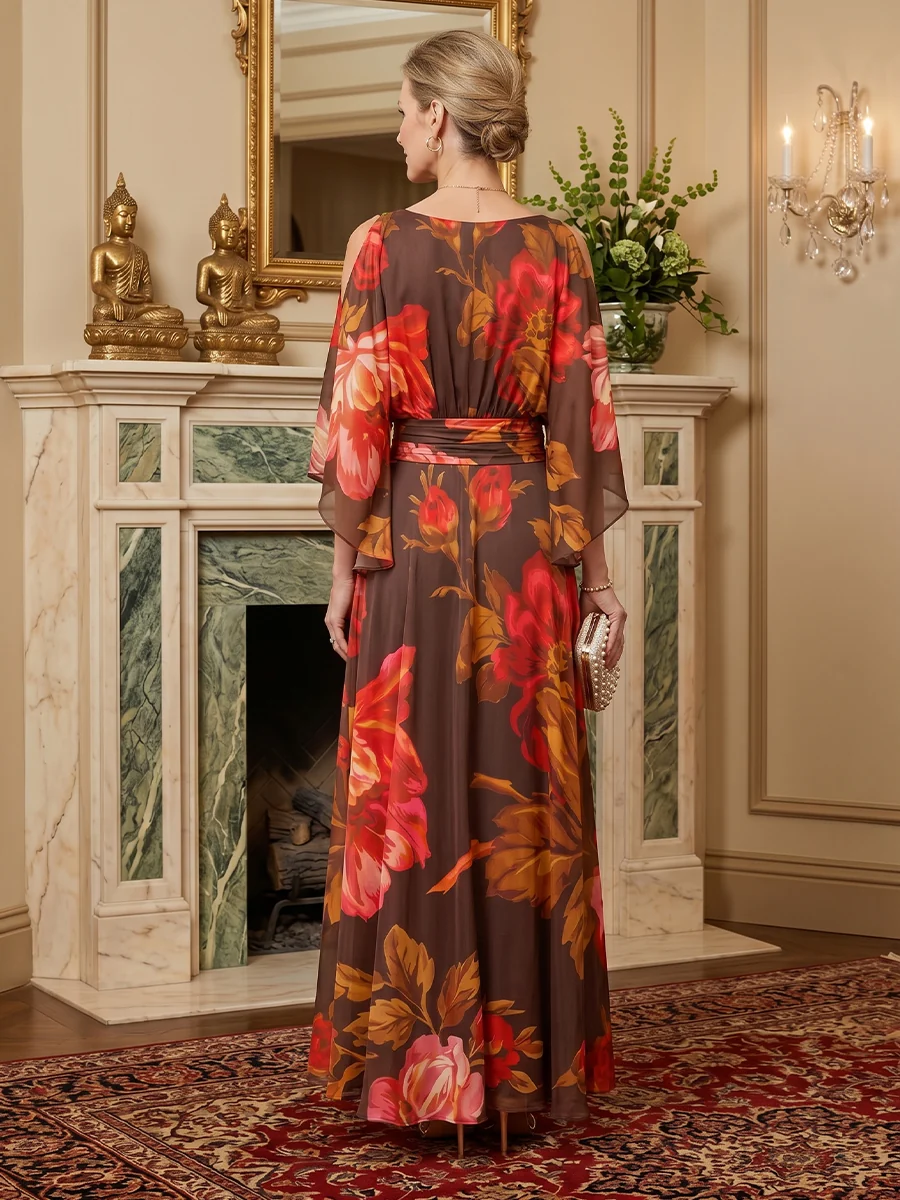 Ethereal Cold-Shoulder Floral Print Chiffon Maxi Dress