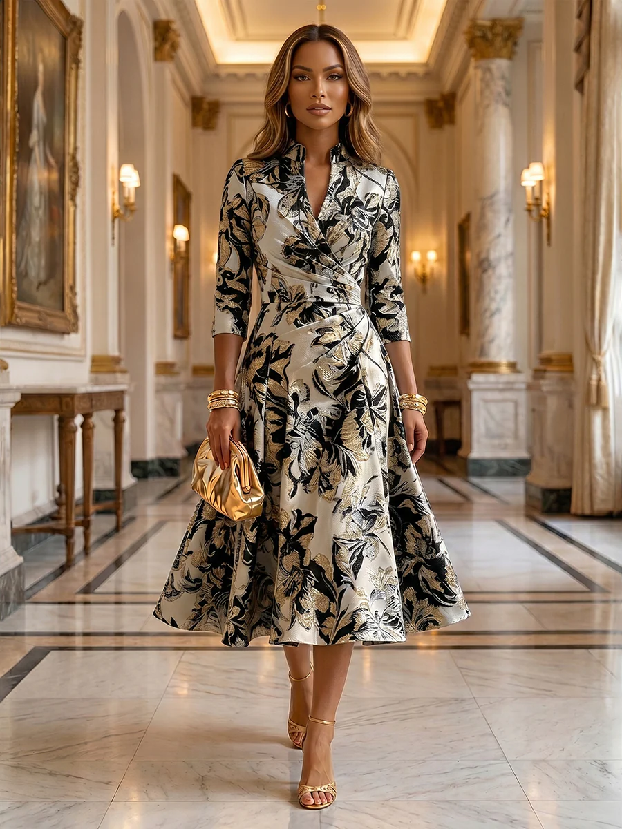 Jacquard A-Line/Princess V-Neck Tea-Length Mother of the Bride & Groom Dresses with Ruched Waist