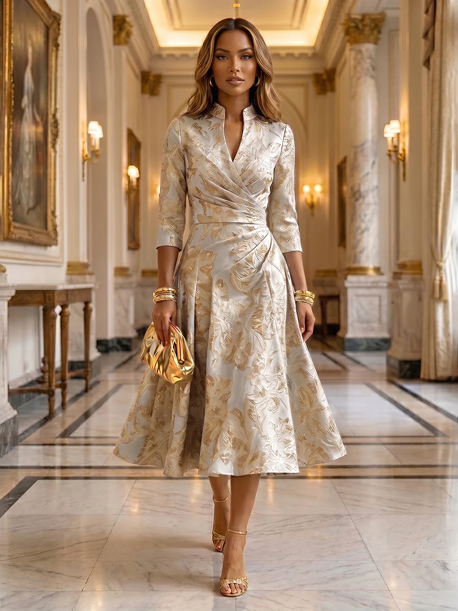 Jacquard A-Line/Princess V-Neck Tea-Length Mother of the Bride & Groom Dresses with Ruched Waist
