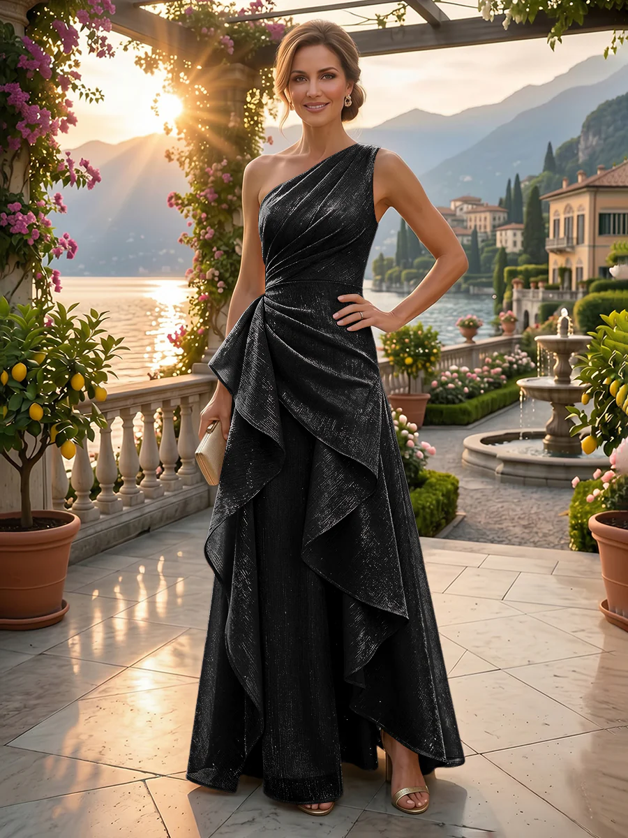 Chiffon A-Line/Princess One Shoulder Floor-Length Mother of the Bride & Groom Dresses with Ruffles & Ruched Waist