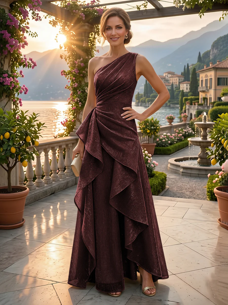 Chiffon A-Line/Princess One Shoulder Floor-Length Mother of the Bride & Groom Dresses with Ruffles & Ruched Waist