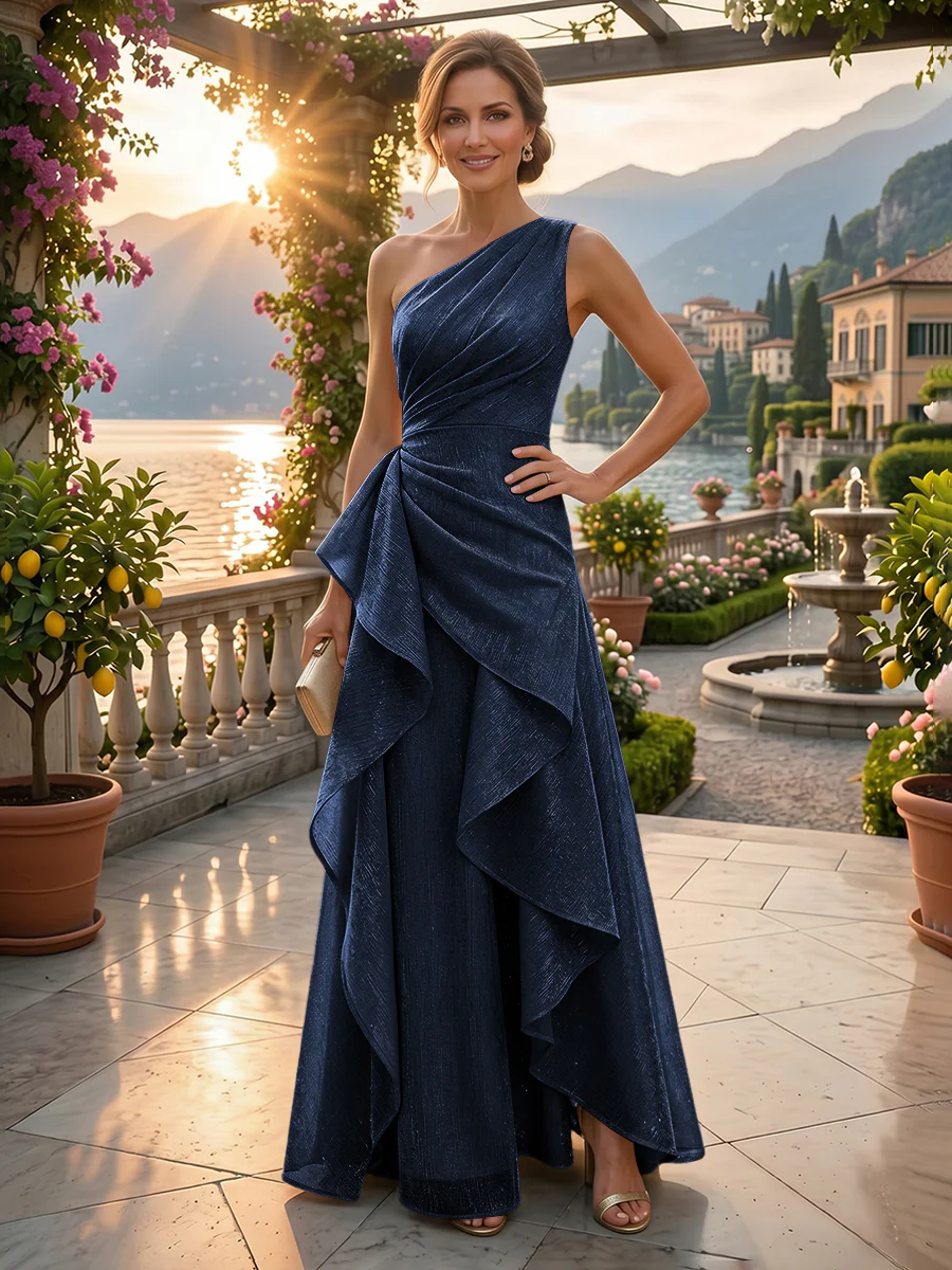 Chiffon A-Line/Princess One Shoulder Floor-Length Mother of the Bride & Groom Dresses with Ruffles & Ruched Waist