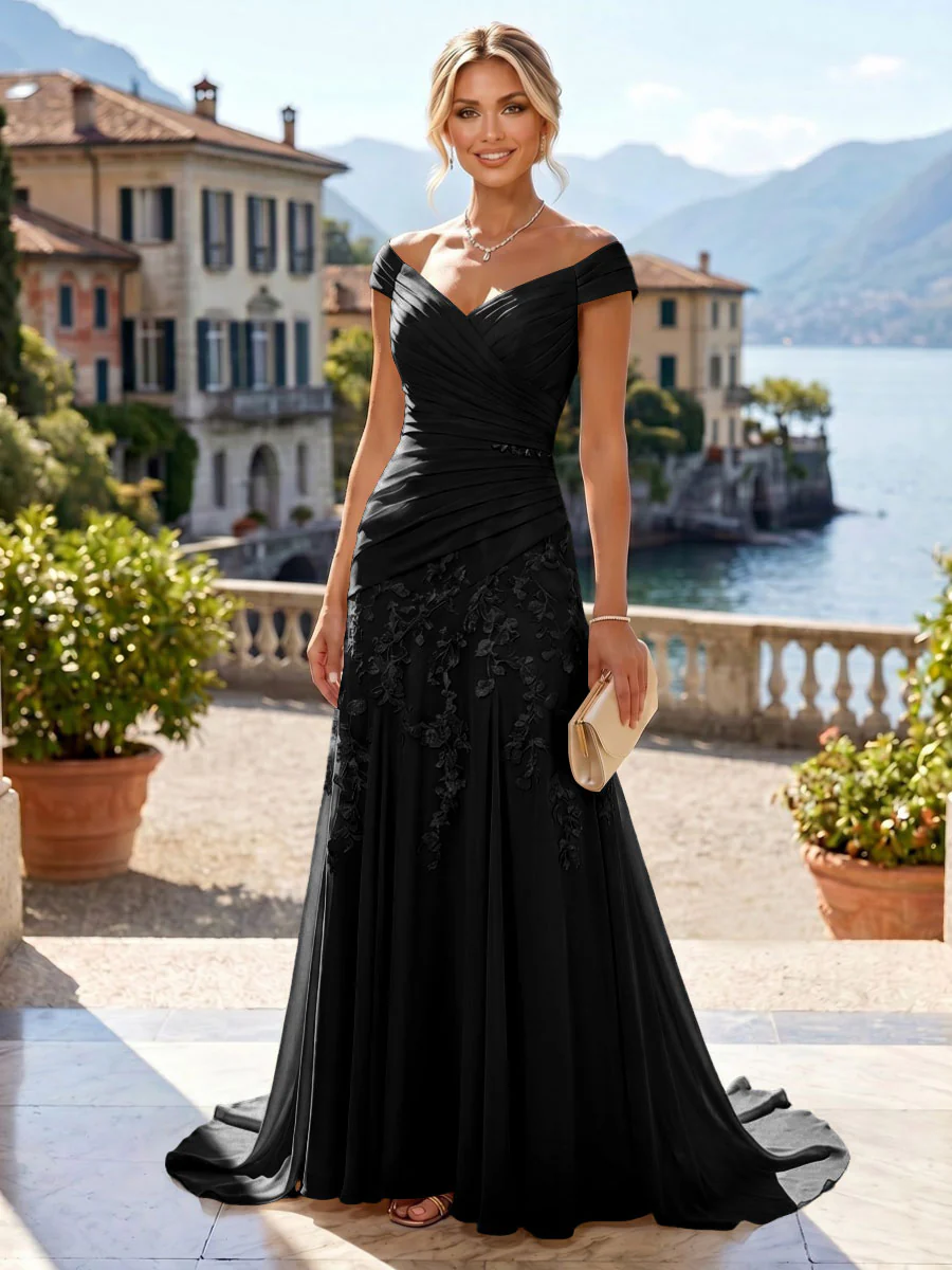 Chiffon Lace A-Line/Princess Off Shoulder Long Mother of the Bride & Groom Dresses with Ruched Waist & Sweep Train
