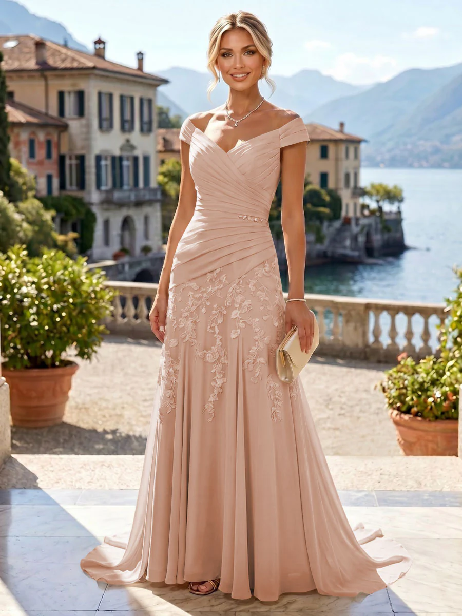 Chiffon Lace A-Line/Princess Off Shoulder Long Mother of the Bride & Groom Dresses with Ruched Waist & Sweep Train