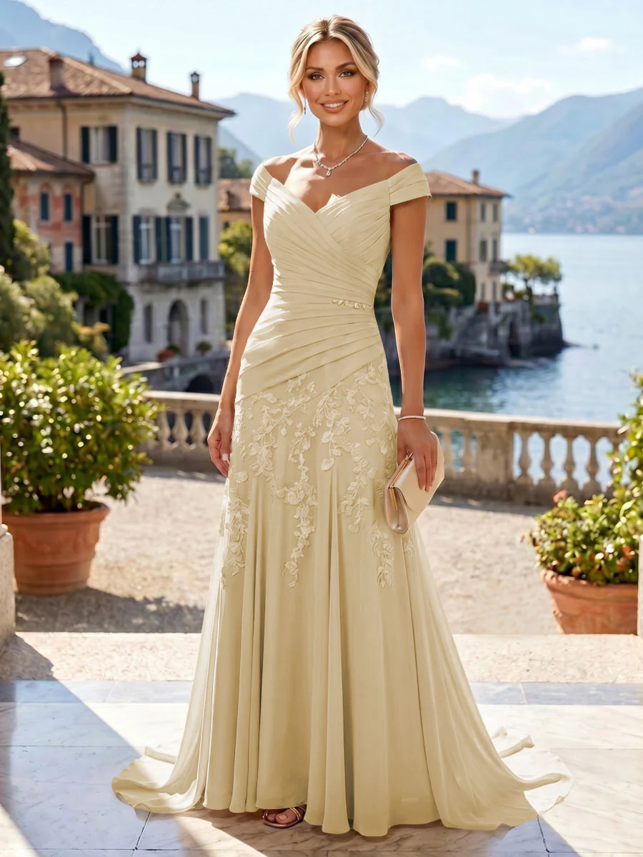 Chiffon Lace A-Line/Princess Off Shoulder Long Mother of the Bride & Groom Dresses with Ruched Waist & Sweep Train