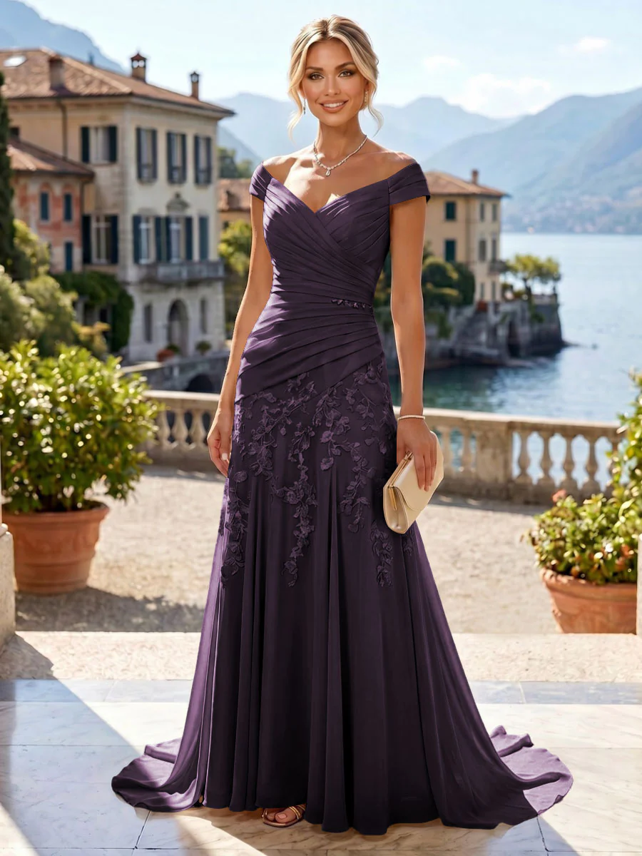Chiffon Lace A-Line/Princess Off Shoulder Long Mother of the Bride & Groom Dresses with Ruched Waist & Sweep Train