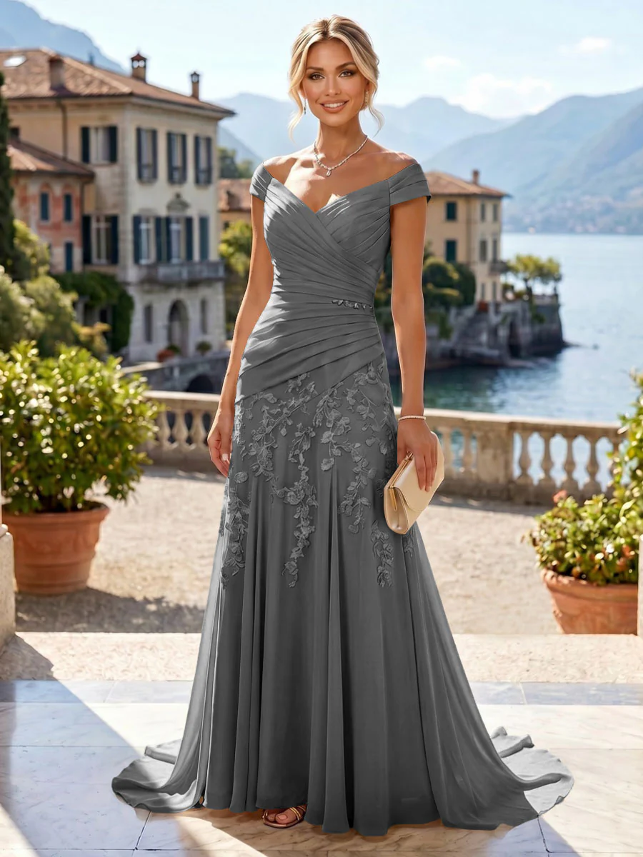 Chiffon Lace A-Line/Princess Off Shoulder Long Mother of the Bride & Groom Dresses with Ruched Waist & Sweep Train