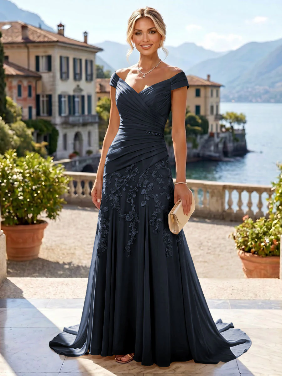 Chiffon Lace A-Line/Princess Off Shoulder Long Mother of the Bride & Groom Dresses with Ruched Waist & Sweep Train