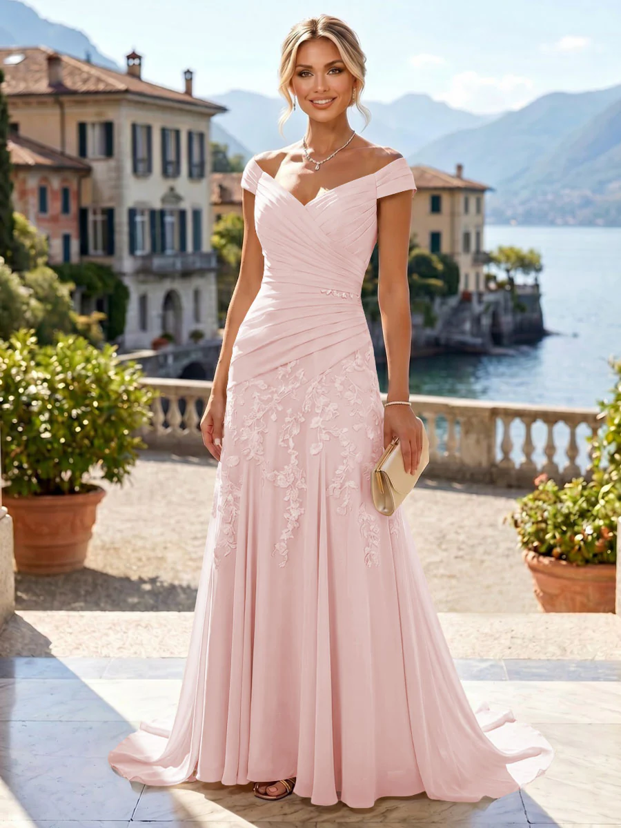 Chiffon Lace A-Line/Princess Off Shoulder Long Mother of the Bride & Groom Dresses with Ruched Waist & Sweep Train