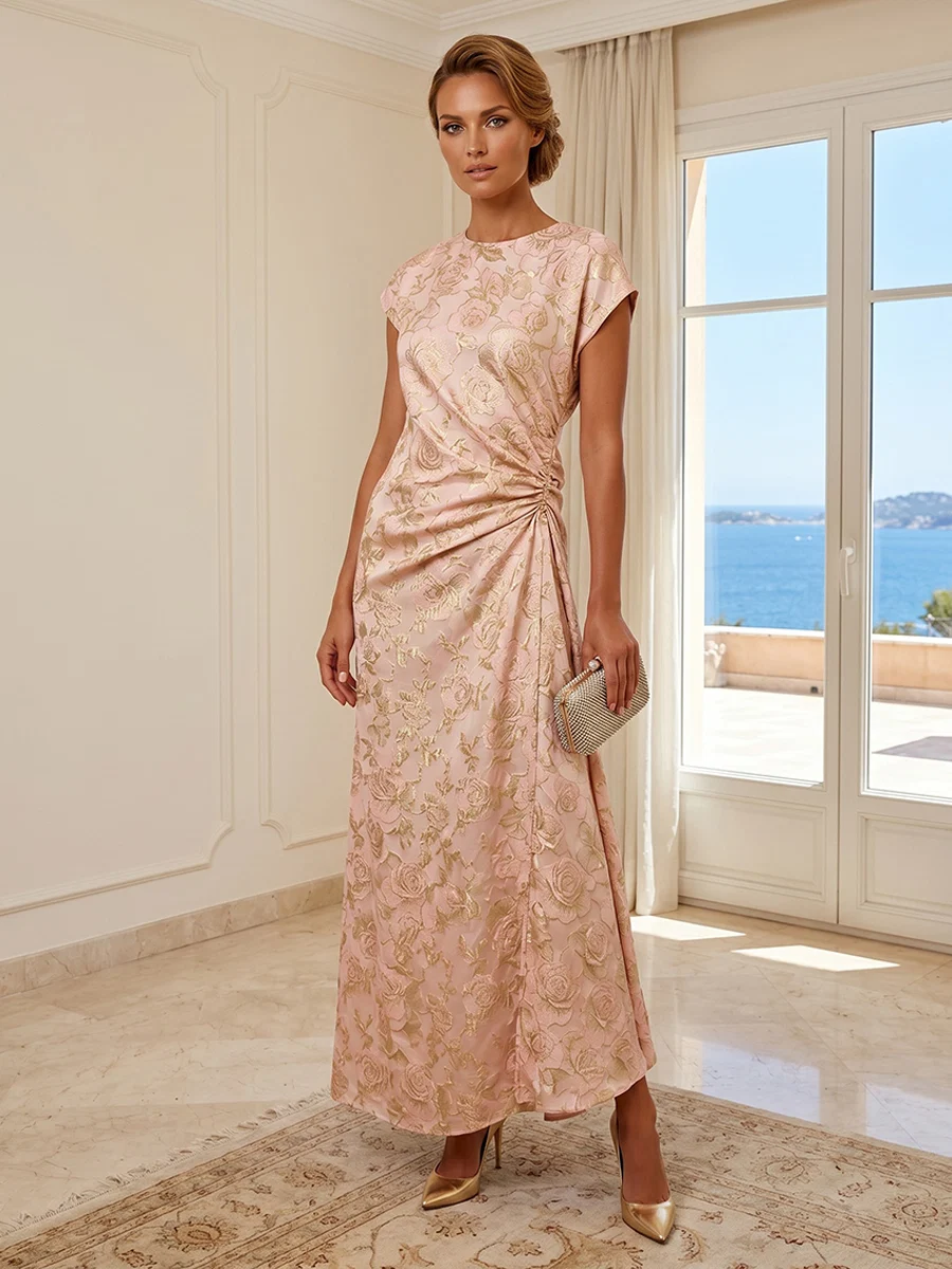 Golden Rose Jacquard Ruched Waist Maxi Evening Dress