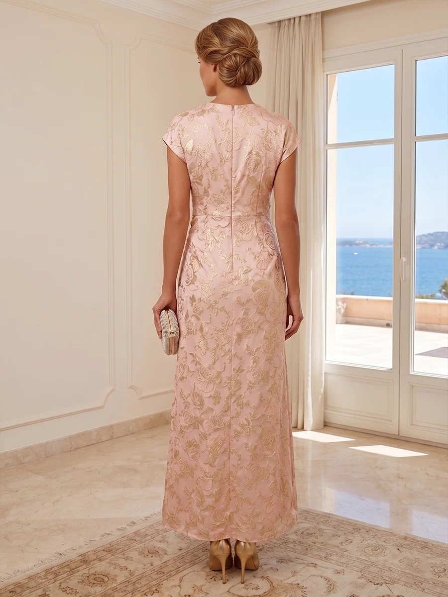 Golden Rose Jacquard Ruched Waist Maxi Evening Dress