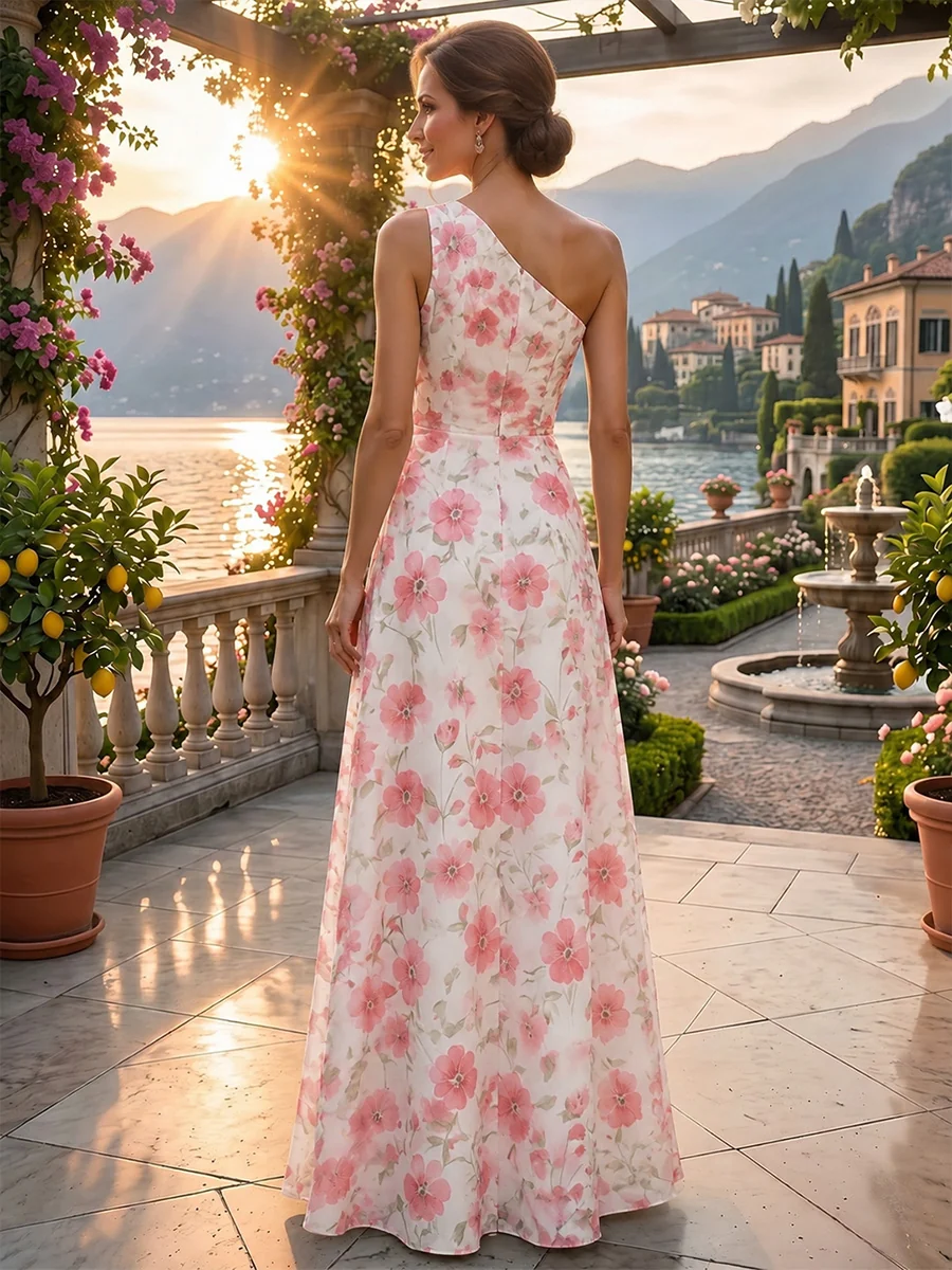 Romantic Floral One-Shoulder Ruffled Chiffon Maxi Dress