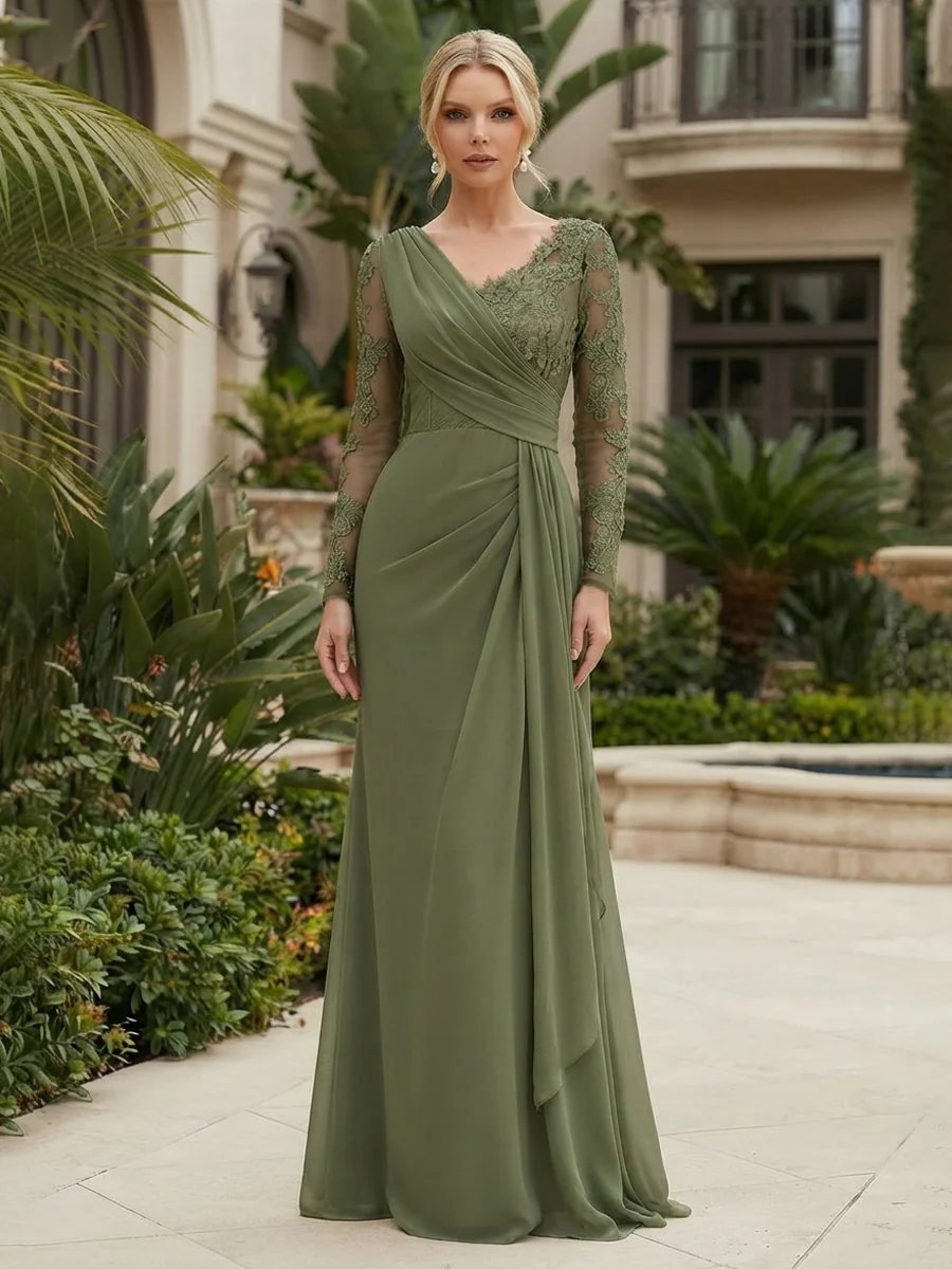 Long Sleeve Pleated Chiffon Evening Gown