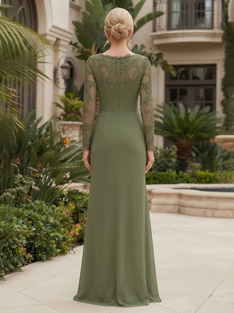 Long Sleeve Pleated Chiffon Evening Gown