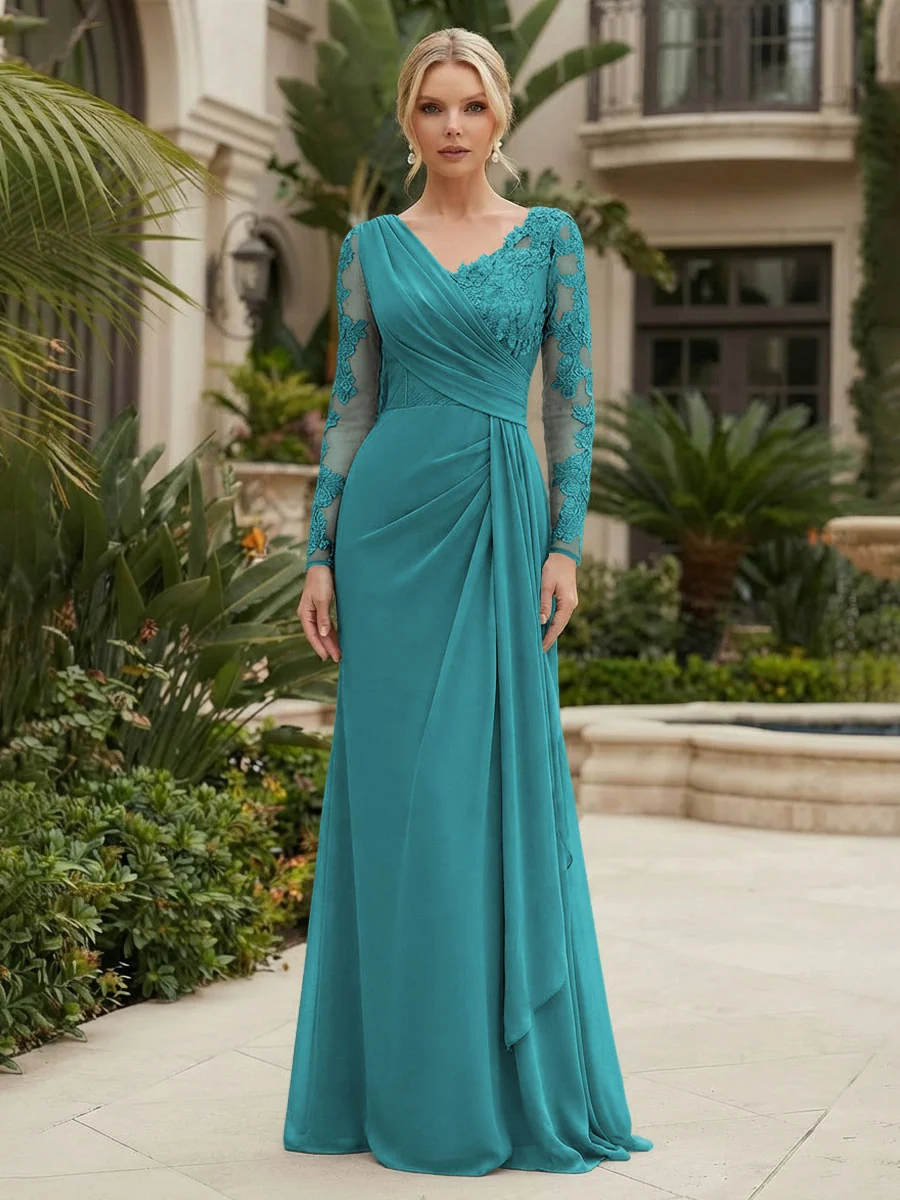 Long Sleeve Pleated Chiffon Evening Gown