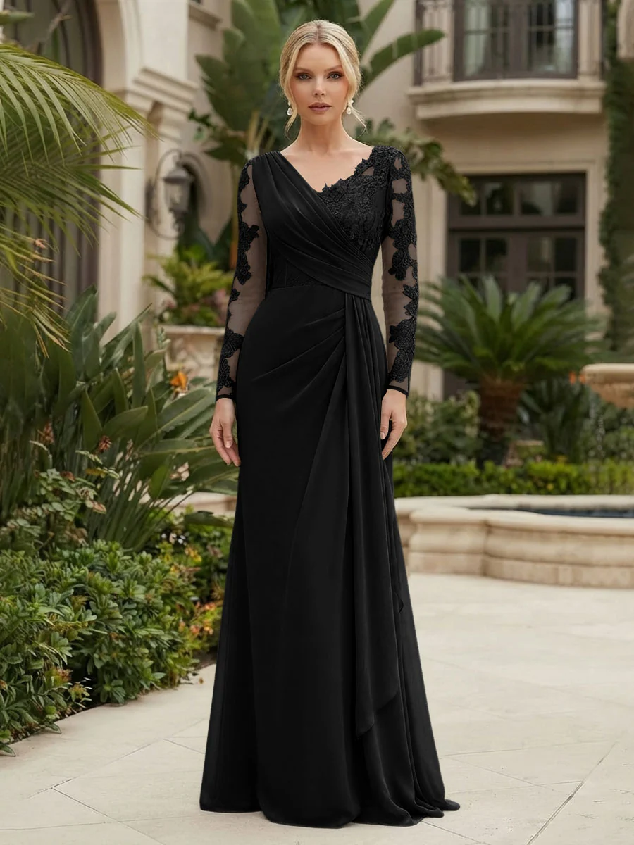 Long Sleeve Pleated Chiffon Evening Gown
