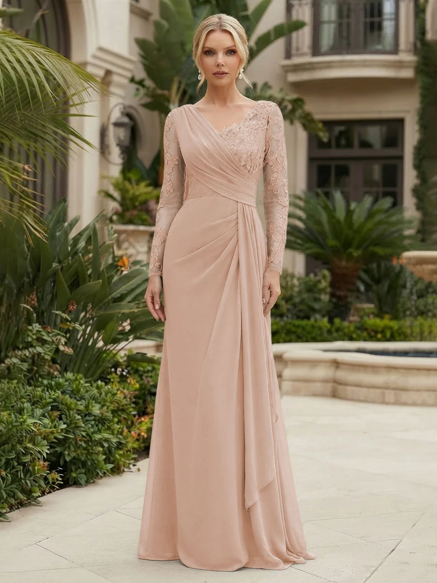 Long Sleeve Pleated Chiffon Evening Gown