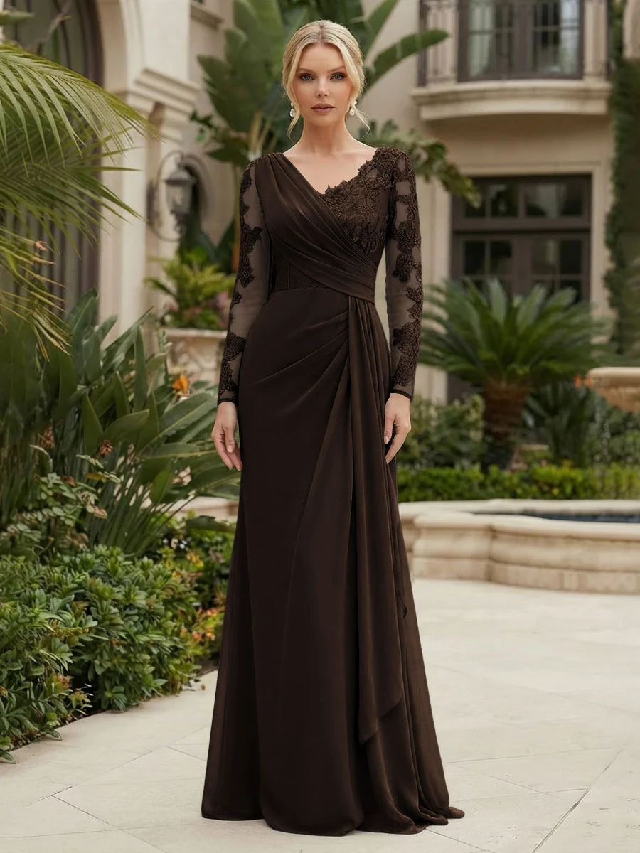 Long Sleeve Pleated Chiffon Evening Gown