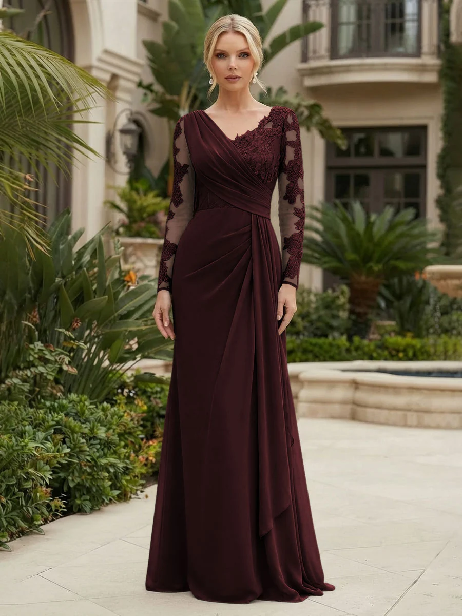 Long Sleeve Pleated Chiffon Evening Gown