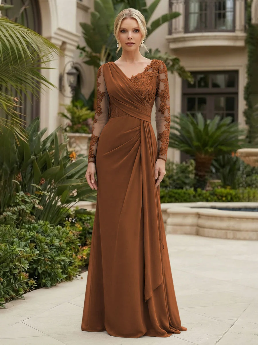 Long Sleeve Pleated Chiffon Evening Gown
