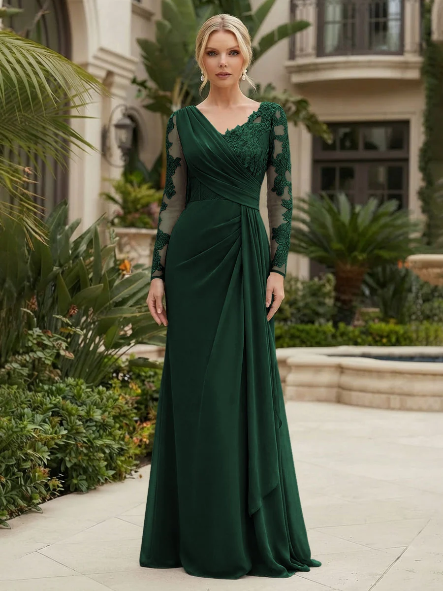 Long Sleeve Pleated Chiffon Evening Gown