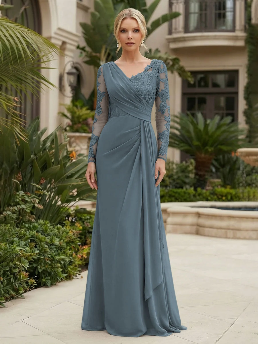 Long Sleeve Pleated Chiffon Evening Gown