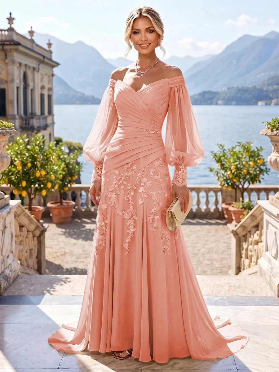 Off Shoulder Long Sleeve Lace Appliques Chiffon Floor-Length Evening Gown