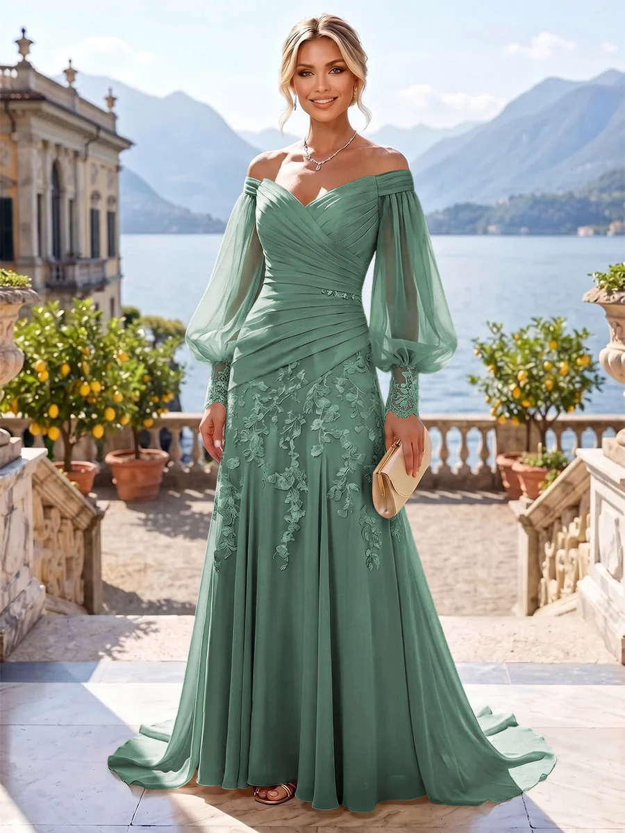 Off Shoulder Long Sleeve Lace Appliques Chiffon Floor-Length Evening Gown