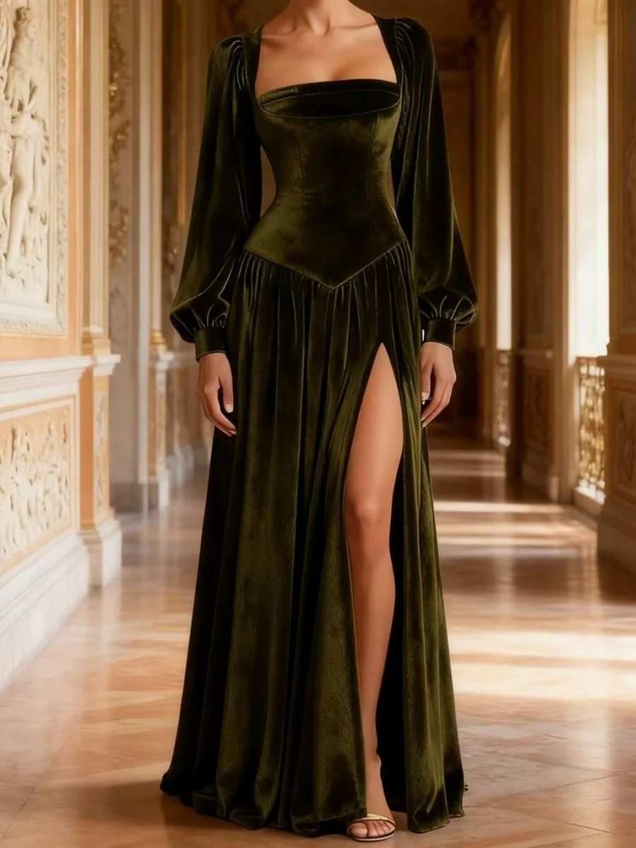 A-Line/Princess Square Neck Velvet Floor-Length Formal Dresses with Long Sleeve