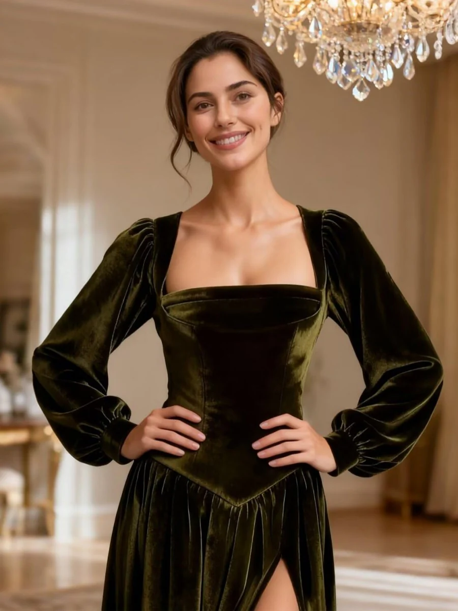 A-Line/Princess Square Neck Velvet Floor-Length Formal Dresses with Long Sleeve
